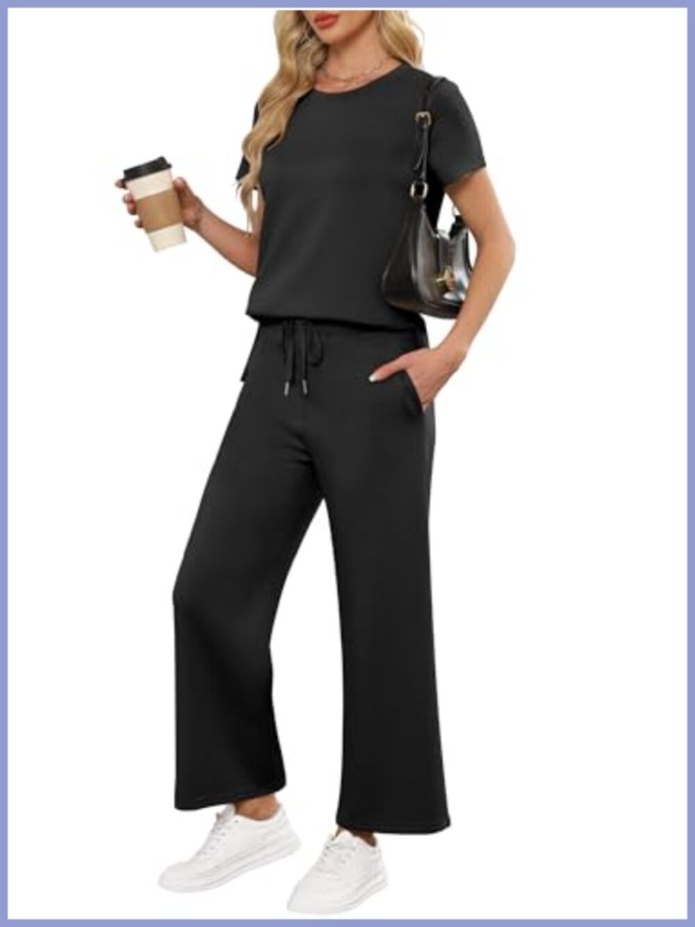 2 Piece Lounge Set Short Sleeve Wide Leg Pants Travel Casual Tracksuit